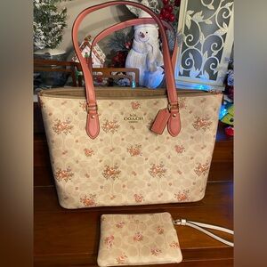 Authentic Beige and Pink Floral Tote & wristlet